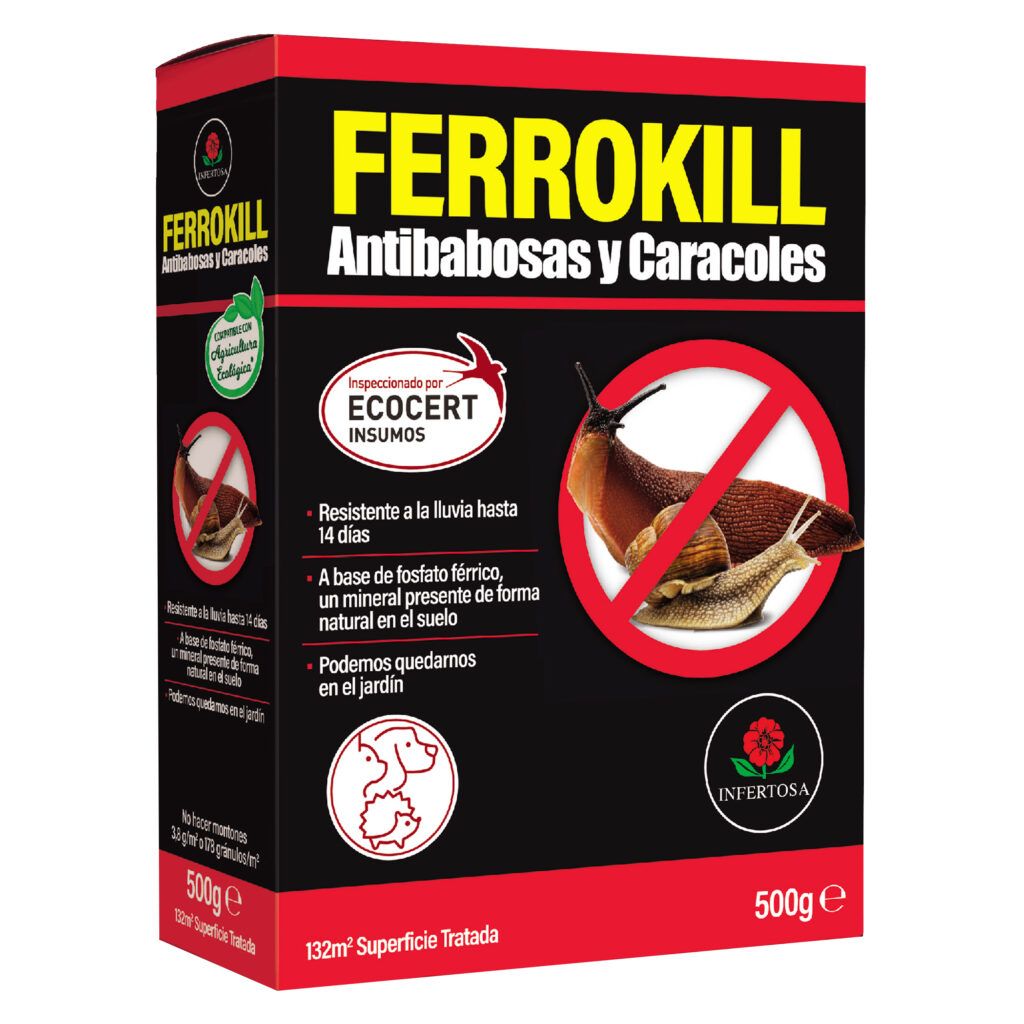 Caja de FerrOkill antibabosas y caracoles de 500 g, producto a base de fosfato férrico, resistente a la lluvia y apto para jardín, con certificación Ecocert.